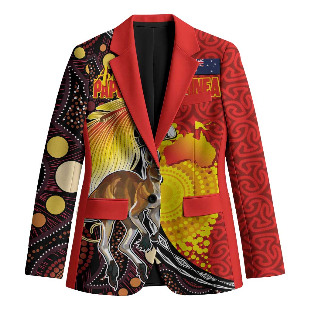 Australia and Papua New Guinea Together Blazer Bird-of-paradise and Kangaroo with Oro Tapa and Aboriginal Art Motifs LT03 Unisex Black - Polynesian Pride