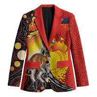 Australia and Papua New Guinea Together Blazer Bird-of-paradise and Kangaroo with Oro Tapa and Aboriginal Art Motifs LT03 Unisex Black - Polynesian Pride