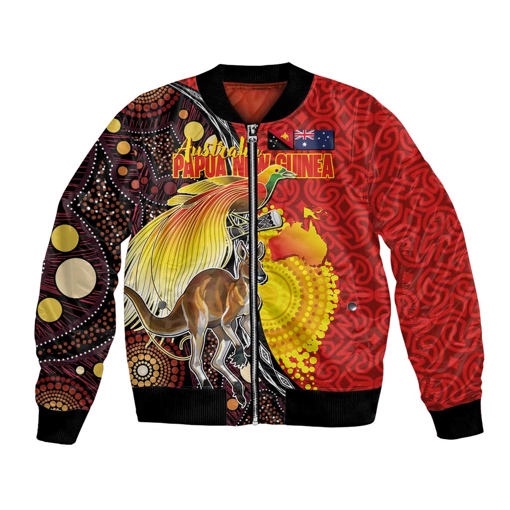 Australia and Papua New Guinea Together Bomber Jacket Bird-of-paradise and Kangaroo with Oro Tapa and Aboriginal Art Motifs LT03 Unisex Black - Polynesian Pride