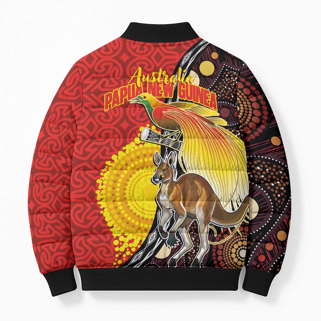 Australia and Papua New Guinea Together Bomber Puffer Jacket Bird-of-paradise and Kangaroo with Oro Tapa and Aboriginal Art Motifs LT03 - Polynesian Pride