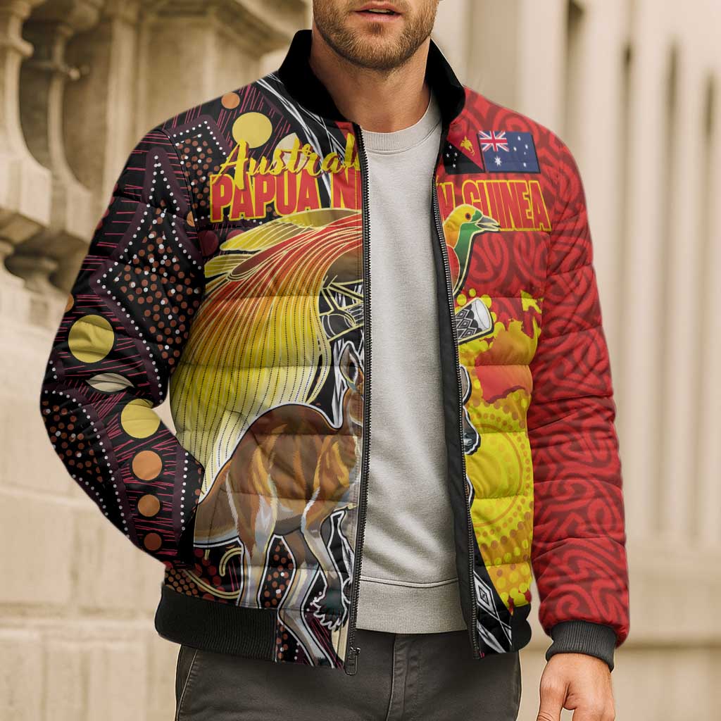 Australia and Papua New Guinea Together Bomber Puffer Jacket Bird-of-paradise and Kangaroo with Oro Tapa and Aboriginal Art Motifs LT03 - Polynesian Pride