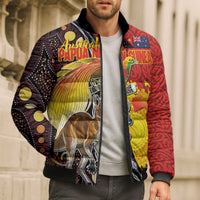 Australia and Papua New Guinea Together Bomber Puffer Jacket Bird-of-paradise and Kangaroo with Oro Tapa and Aboriginal Art Motifs LT03 - Polynesian Pride