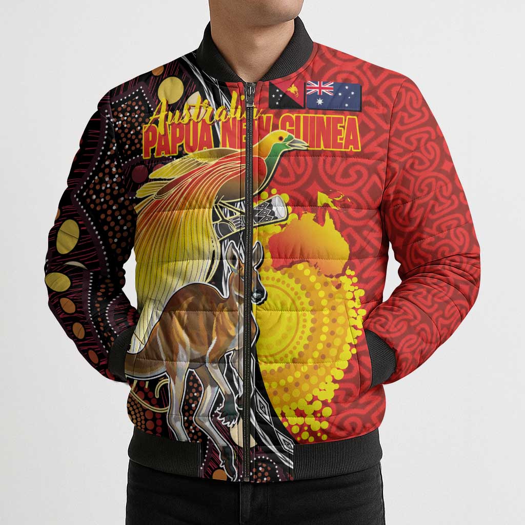 Australia and Papua New Guinea Together Bomber Puffer Jacket Bird-of-paradise and Kangaroo with Oro Tapa and Aboriginal Art Motifs LT03 - Polynesian Pride