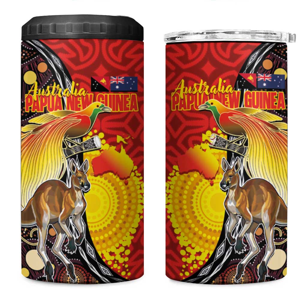 Australia and Papua New Guinea Together 4 in 1 Can Cooler Tumbler Bird-of-paradise and Kangaroo with Oro Tapa and Aboriginal Art Motifs LT03 One Size: 16 oz Black - Polynesian Pride