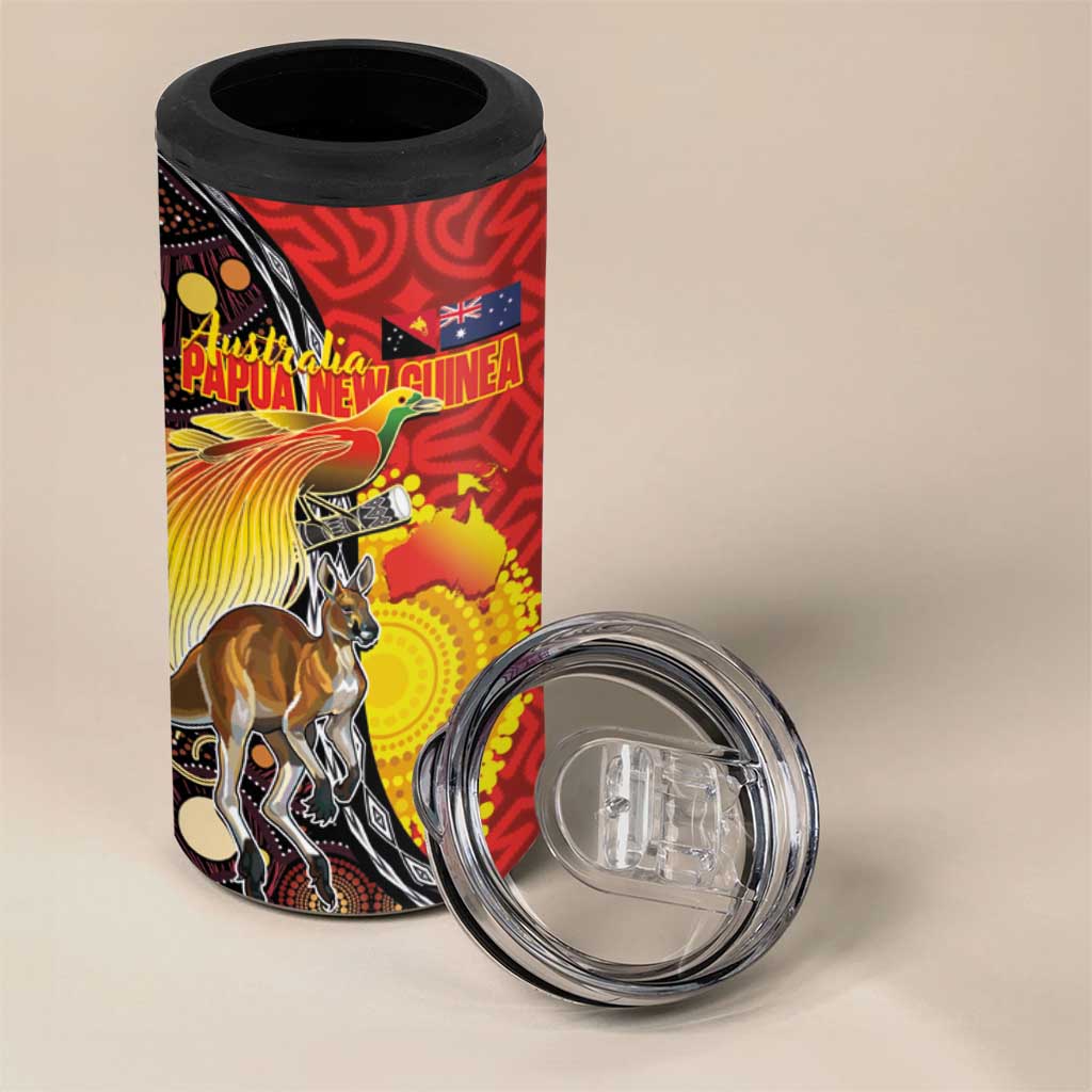 Australia and Papua New Guinea Together 4 in 1 Can Cooler Tumbler Bird-of-paradise and Kangaroo with Oro Tapa and Aboriginal Art Motifs LT03 - Polynesian Pride