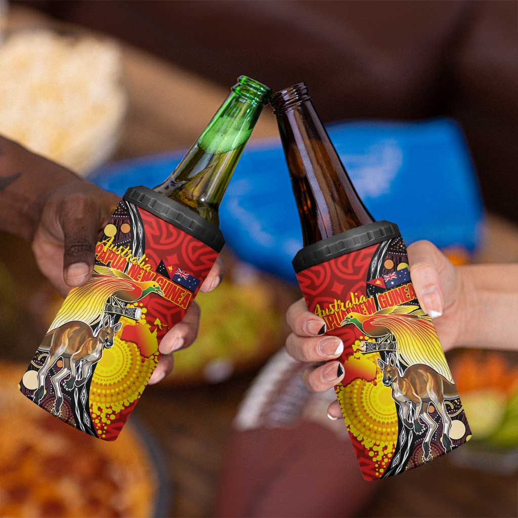 Australia and Papua New Guinea Together 4 in 1 Can Cooler Tumbler Bird-of-paradise and Kangaroo with Oro Tapa and Aboriginal Art Motifs LT03 - Polynesian Pride