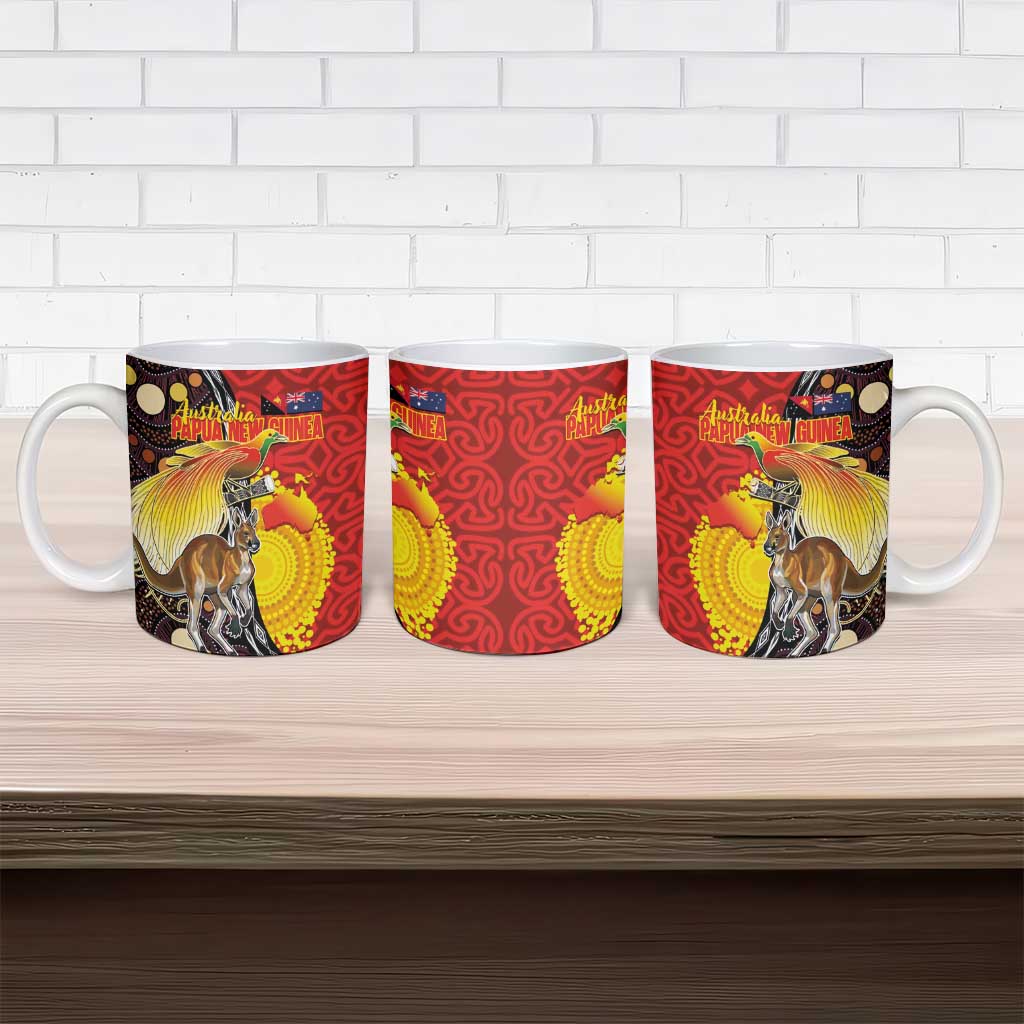 Australia and Papua New Guinea Together Ceramic Mug Bird-of-paradise and Kangaroo with Oro Tapa and Aboriginal Art Motifs - Polynesian Pride