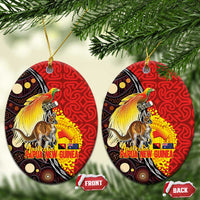 Australia and Papua New Guinea Together Ceramic Ornament Bird-of-paradise and Kangaroo with Oro Tapa and Aboriginal Art Motifs LT03 Oval Black - Polynesian Pride
