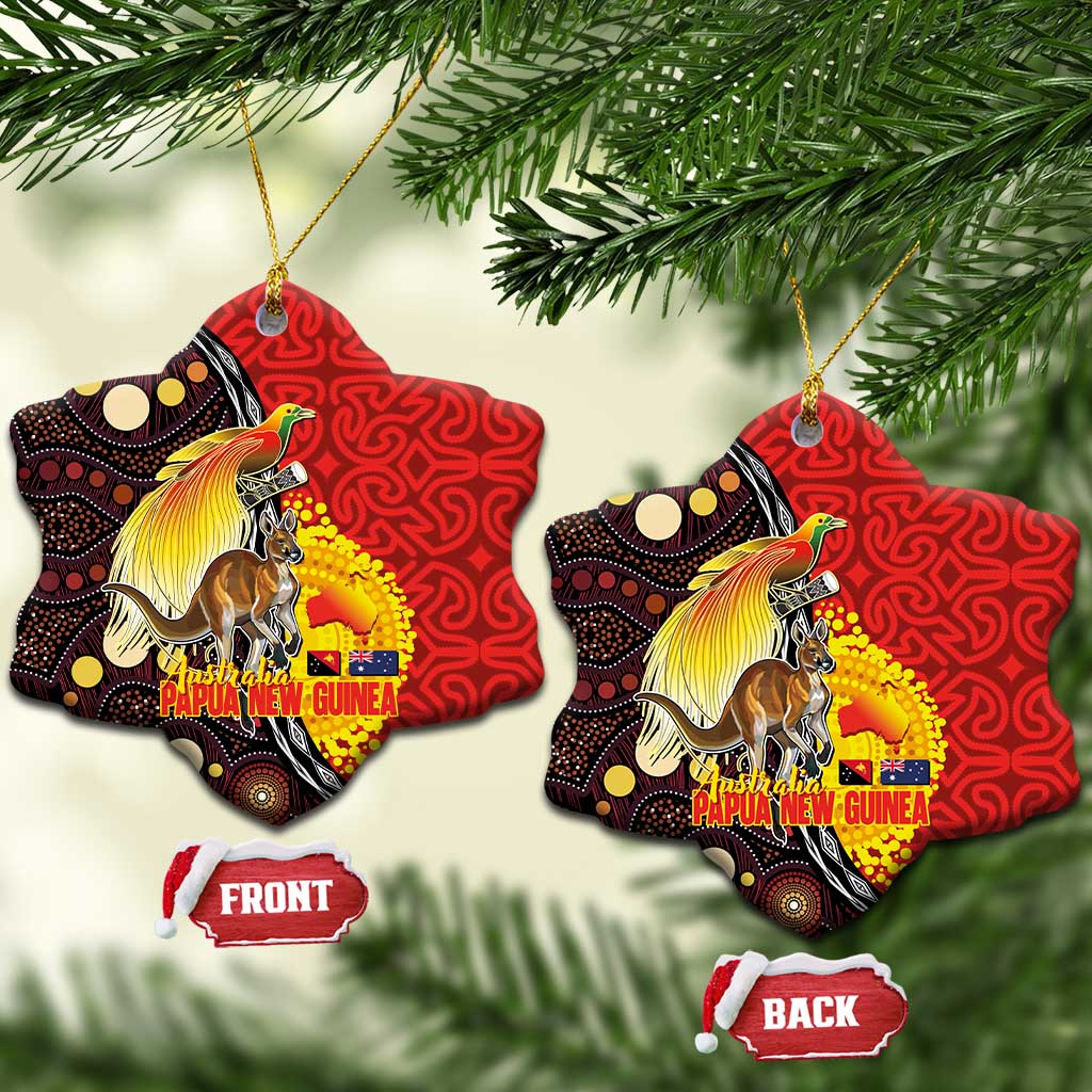 Australia and Papua New Guinea Together Ceramic Ornament Bird-of-paradise and Kangaroo with Oro Tapa and Aboriginal Art Motifs LT03 Snow Flake Black - Polynesian Pride