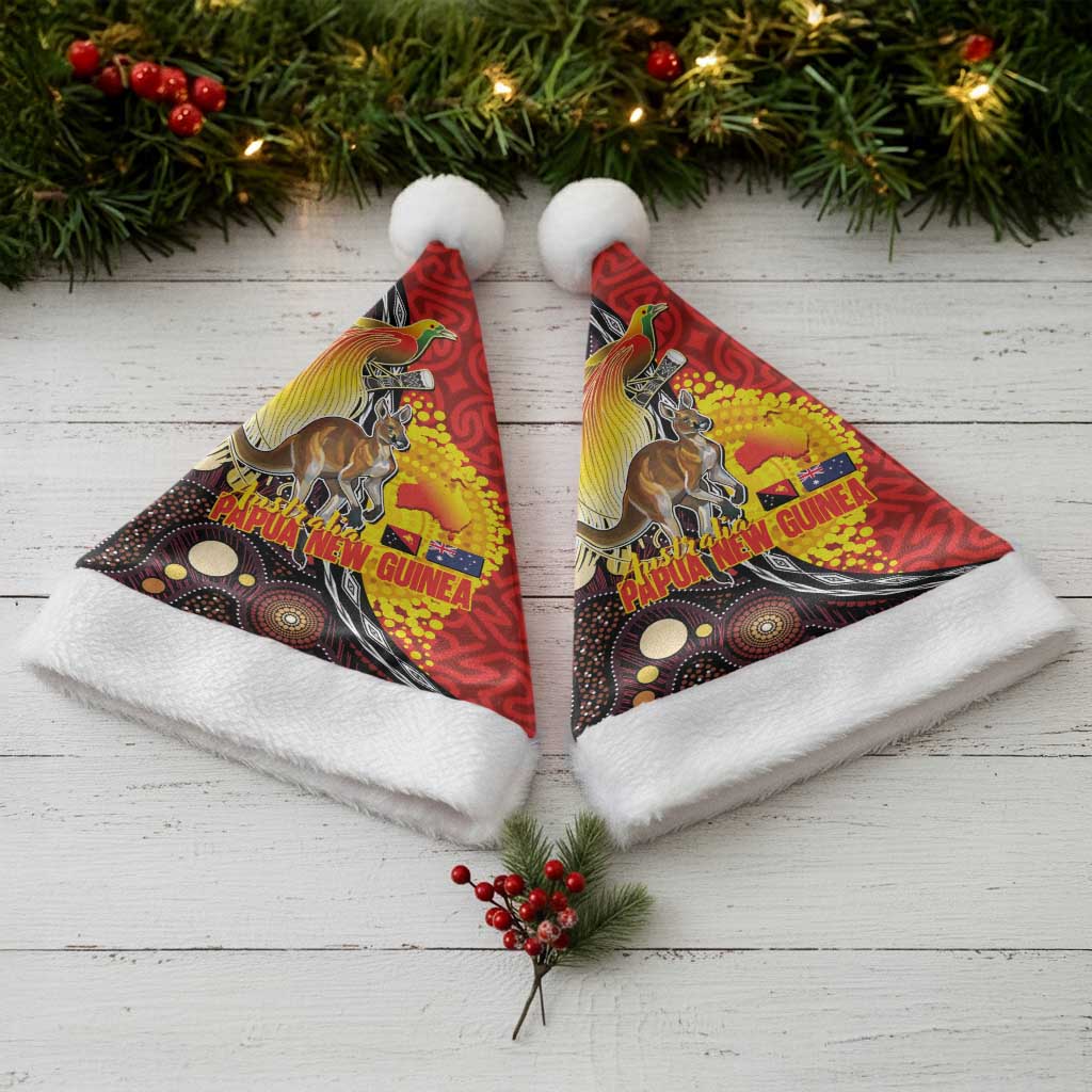 Australia and Papua New Guinea Together Christmas Santa Hat Bird-of-paradise and Kangaroo with Oro Tapa and Aboriginal Art Motifs LT03 - Polynesian Pride