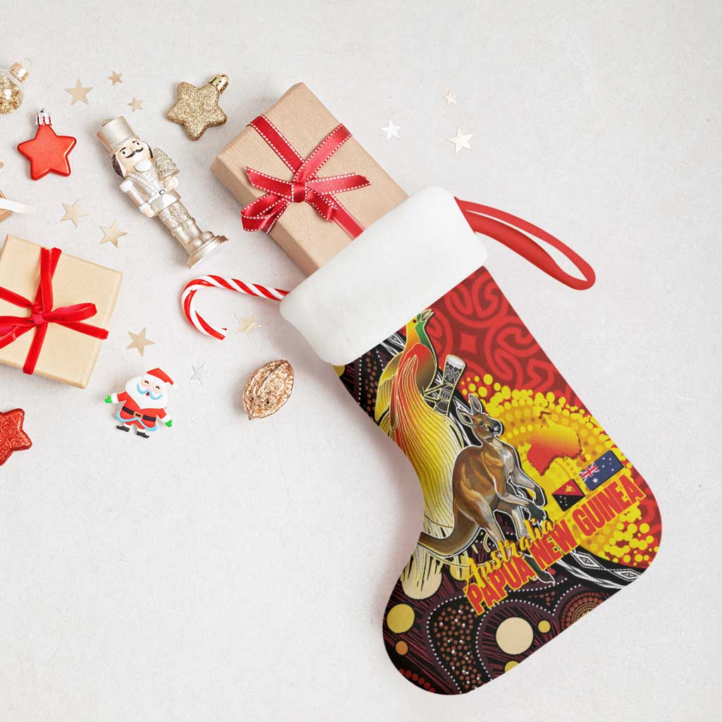 Australia and Papua New Guinea Together Christmas Stocking Bird-of-paradise and Kangaroo with Oro Tapa and Aboriginal Art Motifs LT03 - Polynesian Pride