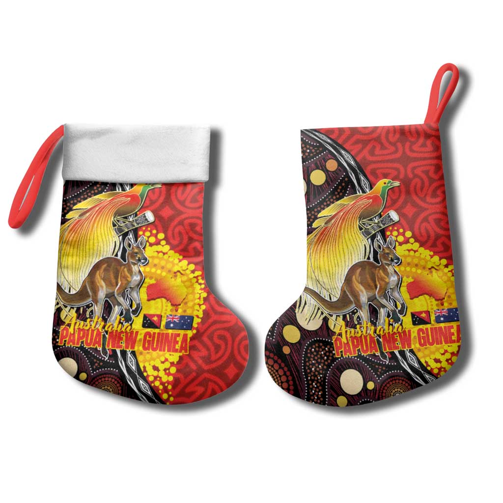 Australia and Papua New Guinea Together Christmas Stocking Bird-of-paradise and Kangaroo with Oro Tapa and Aboriginal Art Motifs LT03 - Polynesian Pride