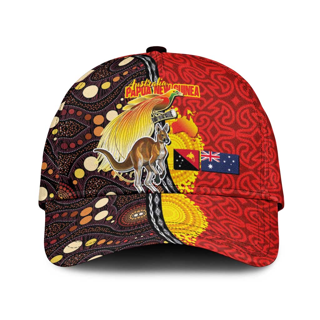 Australia and Papua New Guinea Together Classic Cap Bird-of-paradise and Kangaroo with Oro Tapa and Aboriginal Art Motifs LT03 Universal Fit Black - Polynesian Pride
