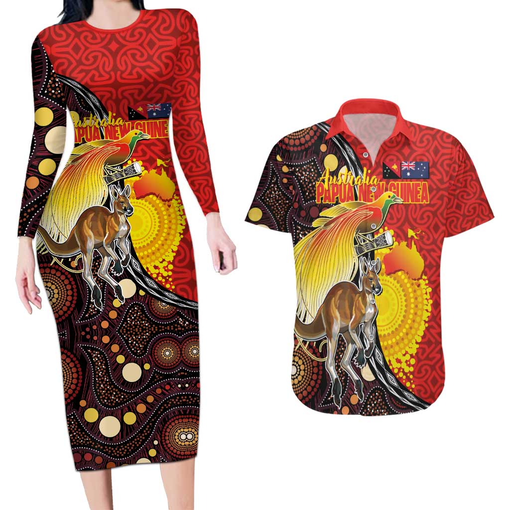 Australia and Papua New Guinea Together Couples Matching Long Sleeve Bodycon Dress and Hawaiian Shirt Bird-of-paradise and Kangaroo with Oro Tapa and Aboriginal Art Motifs LT03 Black - Polynesian Pride