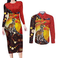 Australia and Papua New Guinea Together Couples Matching Long Sleeve Bodycon Dress and Long Sleeve Button Shirt Bird-of-paradise and Kangaroo with Oro Tapa and Aboriginal Art Motifs LT03 Black - Polynesian Pride