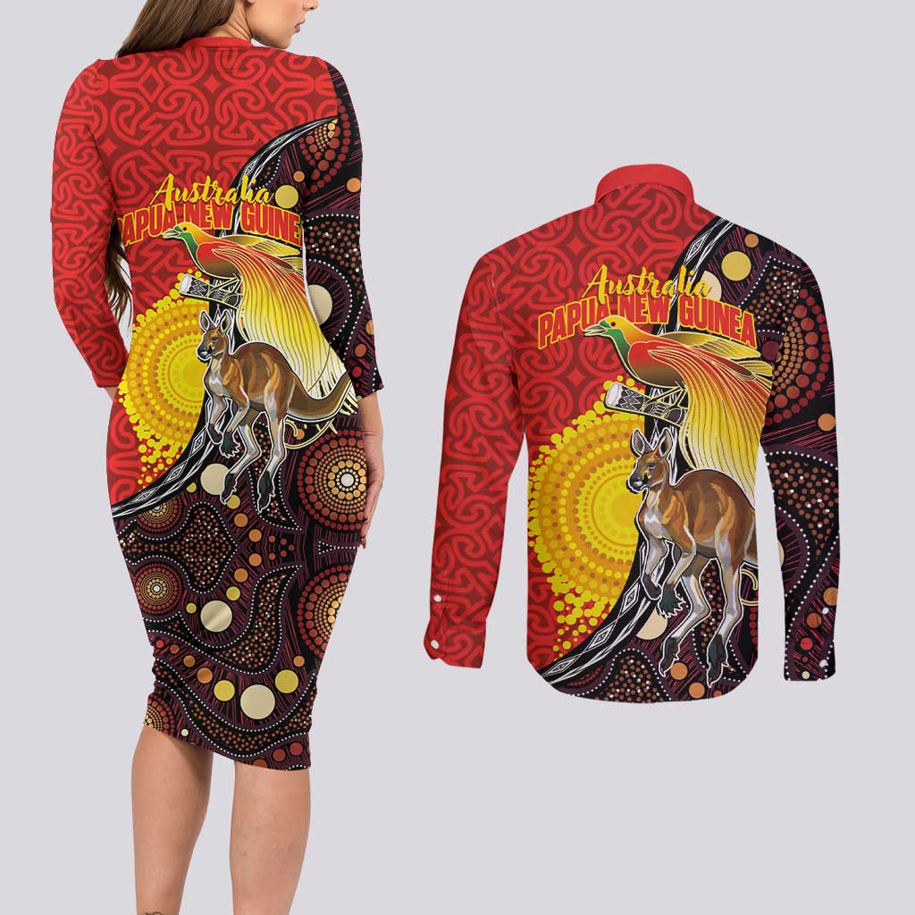 Australia and Papua New Guinea Together Couples Matching Long Sleeve Bodycon Dress and Long Sleeve Button Shirt Bird-of-paradise and Kangaroo with Oro Tapa and Aboriginal Art Motifs LT03 - Polynesian Pride
