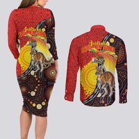 Australia and Papua New Guinea Together Couples Matching Long Sleeve Bodycon Dress and Long Sleeve Button Shirt Bird-of-paradise and Kangaroo with Oro Tapa and Aboriginal Art Motifs LT03 - Polynesian Pride