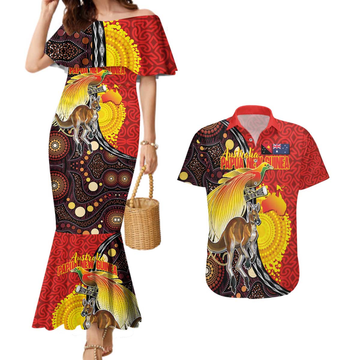 Australia and Papua New Guinea Together Couples Matching Mermaid Dress and Hawaiian Shirt Bird-of-paradise and Kangaroo with Oro Tapa and Aboriginal Art Motifs LT03 Black - Polynesian Pride