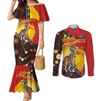 Australia and Papua New Guinea Together Couples Matching Mermaid Dress and Long Sleeve Button Shirt Bird-of-paradise and Kangaroo with Oro Tapa and Aboriginal Art Motifs LT03 Black - Polynesian Pride