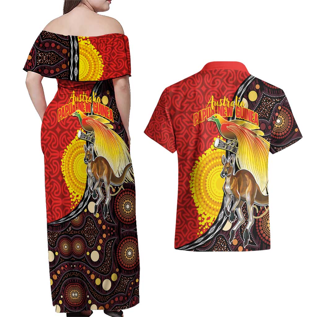 Australia and Papua New Guinea Together Couples Matching Off Shoulder Maxi Dress and Hawaiian Shirt Bird-of-paradise and Kangaroo with Oro Tapa and Aboriginal Art Motifs LT03 - Polynesian Pride