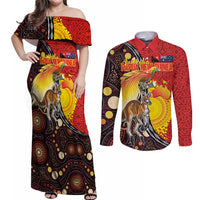 Australia and Papua New Guinea Together Couples Matching Off Shoulder Maxi Dress and Long Sleeve Button Shirt Bird-of-paradise and Kangaroo with Oro Tapa and Aboriginal Art Motifs LT03 Black - Polynesian Pride