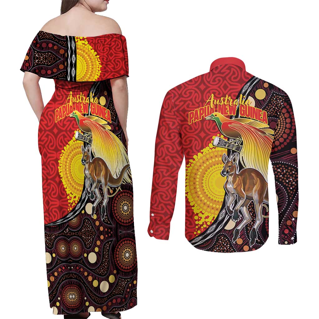 Australia and Papua New Guinea Together Couples Matching Off Shoulder Maxi Dress and Long Sleeve Button Shirt Bird-of-paradise and Kangaroo with Oro Tapa and Aboriginal Art Motifs LT03 - Polynesian Pride