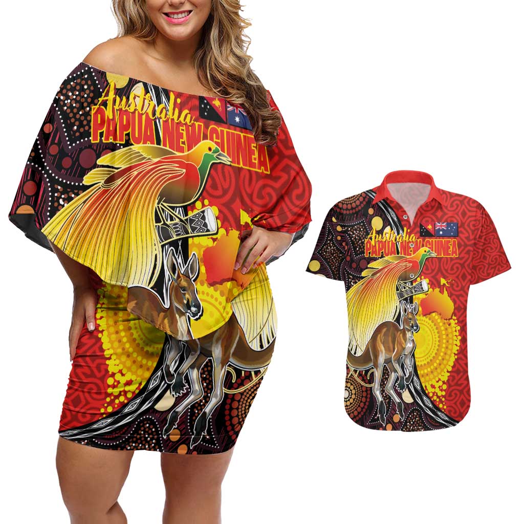 Australia and Papua New Guinea Together Couples Matching Off Shoulder Short Dress and Hawaiian Shirt Bird-of-paradise and Kangaroo with Oro Tapa and Aboriginal Art Motifs LT03 Black - Polynesian Pride