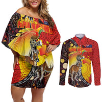 Australia and Papua New Guinea Together Couples Matching Off Shoulder Short Dress and Long Sleeve Button Shirt Bird-of-paradise and Kangaroo with Oro Tapa and Aboriginal Art Motifs LT03 Black - Polynesian Pride