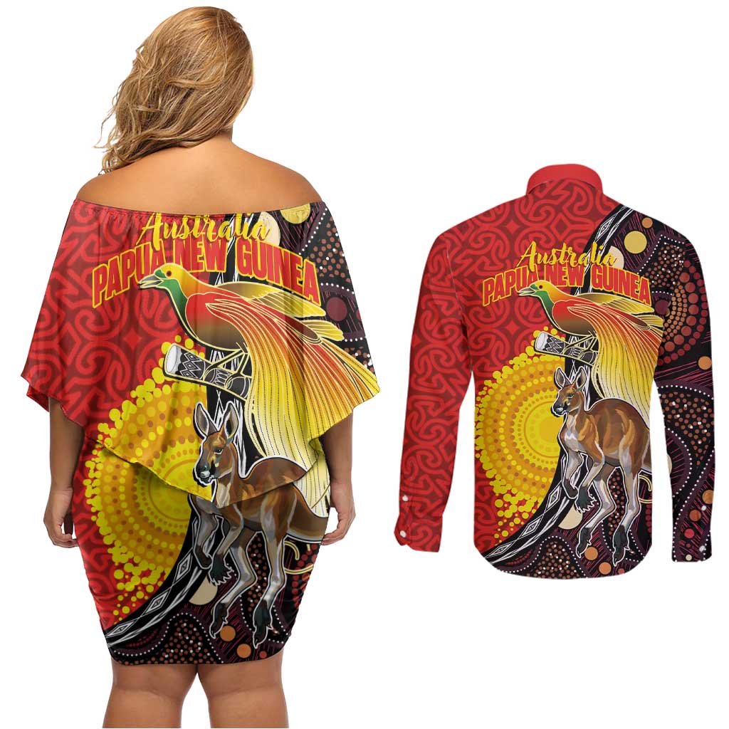 Australia and Papua New Guinea Together Couples Matching Off Shoulder Short Dress and Long Sleeve Button Shirt Bird-of-paradise and Kangaroo with Oro Tapa and Aboriginal Art Motifs LT03 - Polynesian Pride