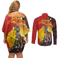 Australia and Papua New Guinea Together Couples Matching Off Shoulder Short Dress and Long Sleeve Button Shirt Bird-of-paradise and Kangaroo with Oro Tapa and Aboriginal Art Motifs LT03 - Polynesian Pride