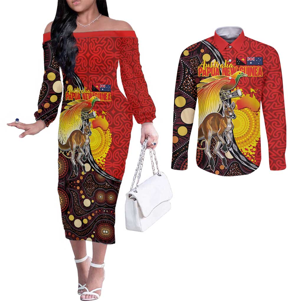 Australia and Papua New Guinea Together Couples Matching Off The Shoulder Long Sleeve Dress and Long Sleeve Button Shirt Bird-of-paradise and Kangaroo with Oro Tapa and Aboriginal Art Motifs LT03 Black - Polynesian Pride