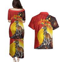Australia and Papua New Guinea Together Couples Matching Puletasi and Hawaiian Shirt Bird-of-paradise and Kangaroo with Oro Tapa and Aboriginal Art Motifs LT03 - Polynesian Pride