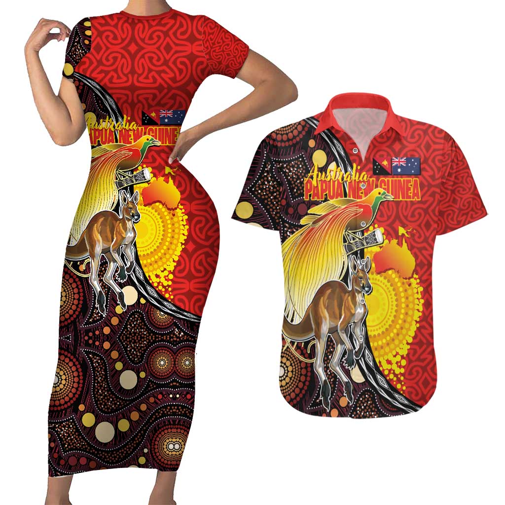 Australia and Papua New Guinea Together Couples Matching Short Sleeve Bodycon Dress and Hawaiian Shirt Bird-of-paradise and Kangaroo with Oro Tapa and Aboriginal Art Motifs LT03 Black - Polynesian Pride