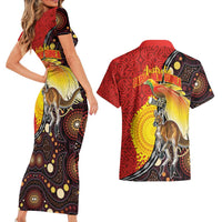 Australia and Papua New Guinea Together Couples Matching Short Sleeve Bodycon Dress and Hawaiian Shirt Bird-of-paradise and Kangaroo with Oro Tapa and Aboriginal Art Motifs LT03 - Polynesian Pride