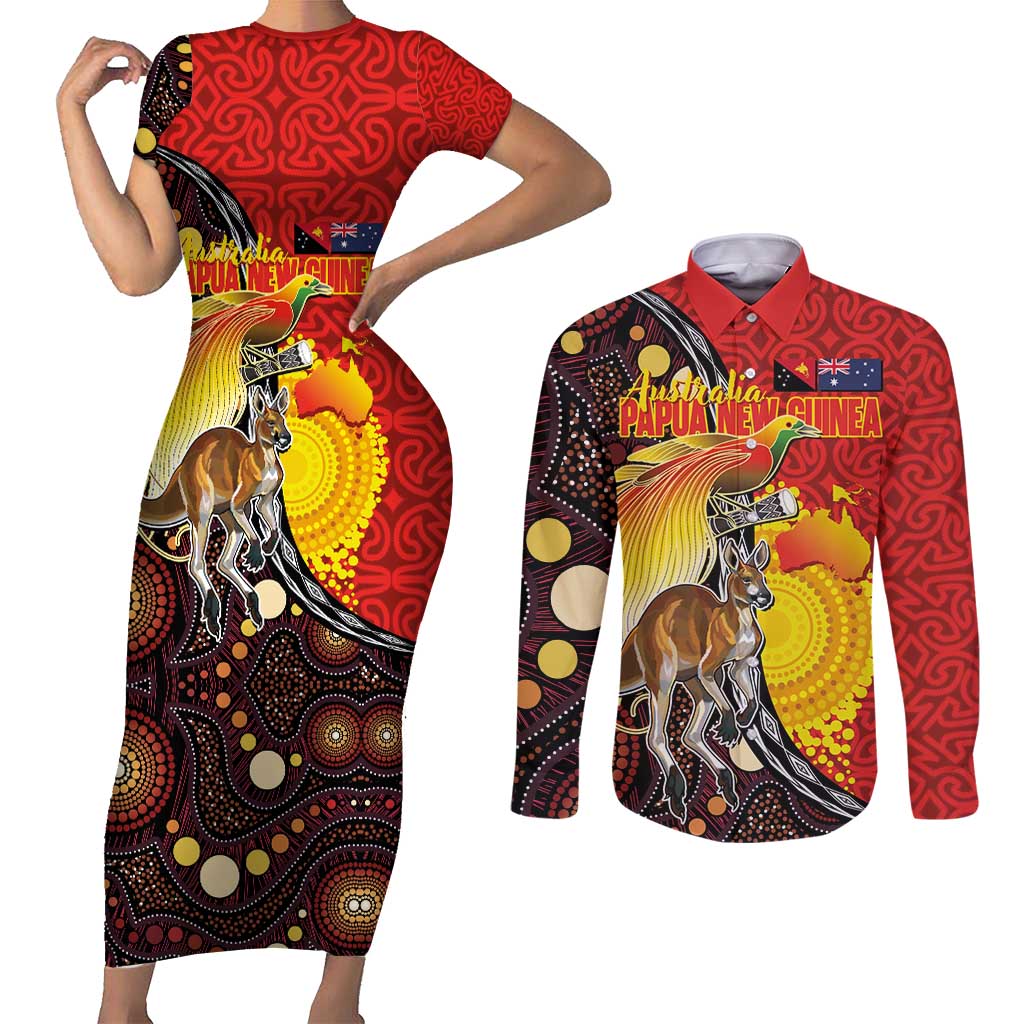 Australia and Papua New Guinea Together Couples Matching Short Sleeve Bodycon Dress and Long Sleeve Button Shirt Bird-of-paradise and Kangaroo with Oro Tapa and Aboriginal Art Motifs LT03 Black - Polynesian Pride
