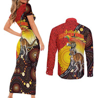 Australia and Papua New Guinea Together Couples Matching Short Sleeve Bodycon Dress and Long Sleeve Button Shirt Bird-of-paradise and Kangaroo with Oro Tapa and Aboriginal Art Motifs LT03 - Polynesian Pride