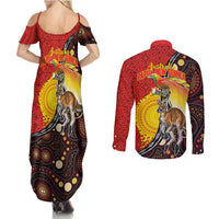 Australia and Papua New Guinea Together Couples Matching Summer Maxi Dress and Long Sleeve Button Shirt Bird-of-paradise and Kangaroo with Oro Tapa and Aboriginal Art Motifs LT03 - Polynesian Pride