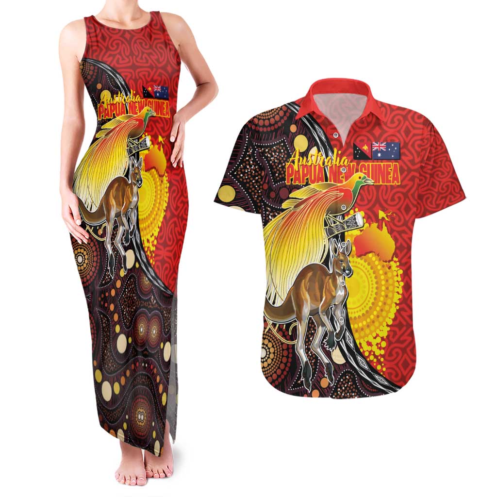 Australia and Papua New Guinea Together Couples Matching Tank Maxi Dress and Hawaiian Shirt Bird-of-paradise and Kangaroo with Oro Tapa and Aboriginal Art Motifs LT03 Black - Polynesian Pride