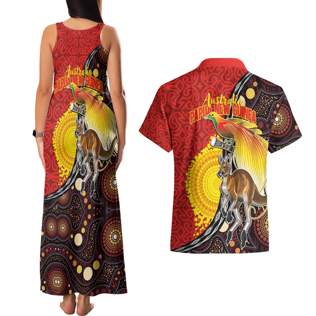 Australia and Papua New Guinea Together Couples Matching Tank Maxi Dress and Hawaiian Shirt Bird-of-paradise and Kangaroo with Oro Tapa and Aboriginal Art Motifs LT03 - Polynesian Pride