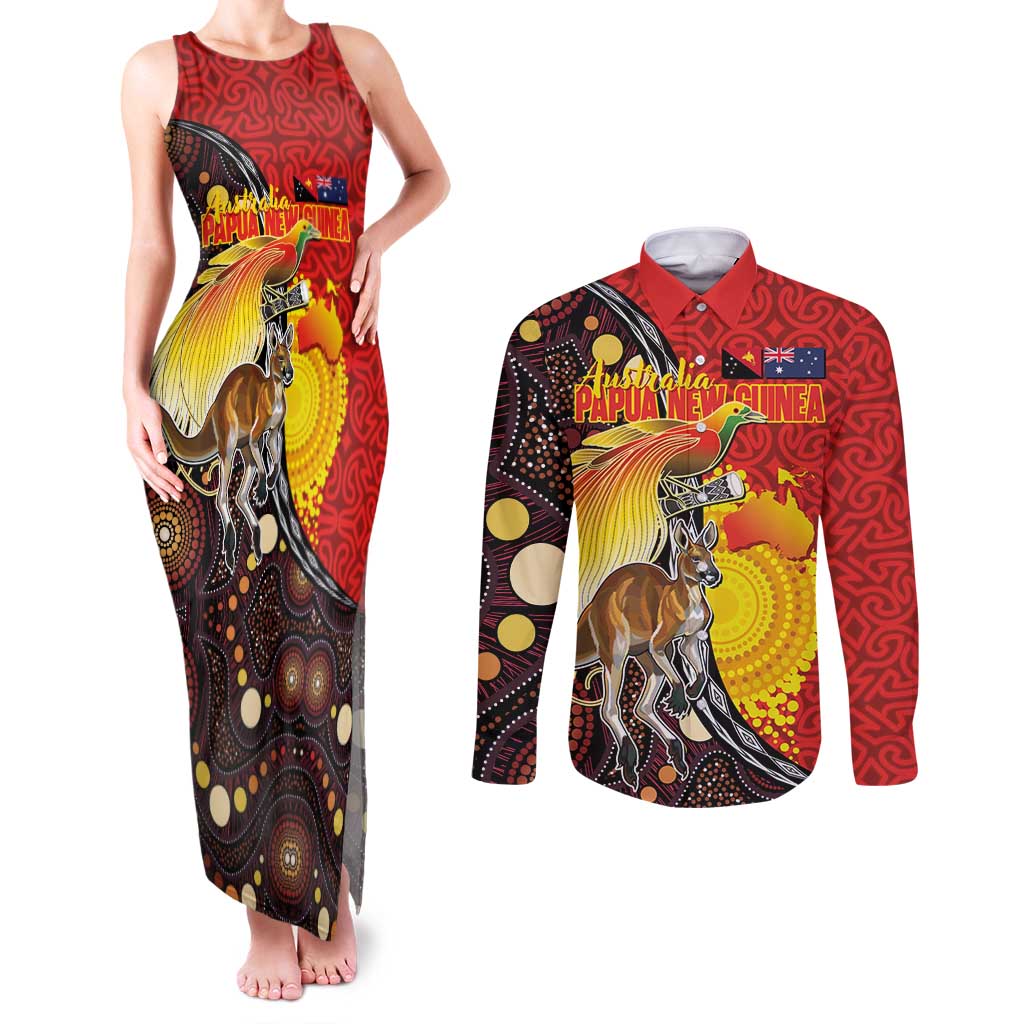 Australia and Papua New Guinea Together Couples Matching Tank Maxi Dress and Long Sleeve Button Shirt Bird-of-paradise and Kangaroo with Oro Tapa and Aboriginal Art Motifs LT03 Black - Polynesian Pride