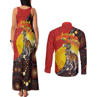 Australia and Papua New Guinea Together Couples Matching Tank Maxi Dress and Long Sleeve Button Shirt Bird-of-paradise and Kangaroo with Oro Tapa and Aboriginal Art Motifs LT03 - Polynesian Pride
