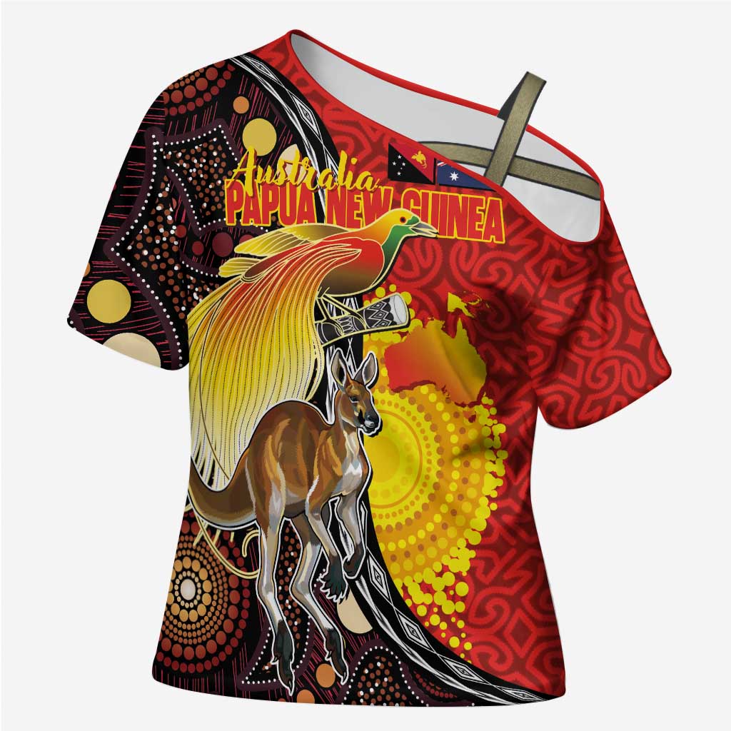 Australia and Papua New Guinea Together Cross Shoulder Shirt Bird-of-paradise and Kangaroo with Oro Tapa and Aboriginal Art Motifs LT03 Female Black - Polynesian Pride
