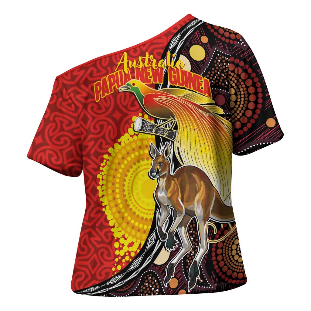 Australia and Papua New Guinea Together Cross Shoulder Shirt Bird-of-paradise and Kangaroo with Oro Tapa and Aboriginal Art Motifs LT03 - Polynesian Pride