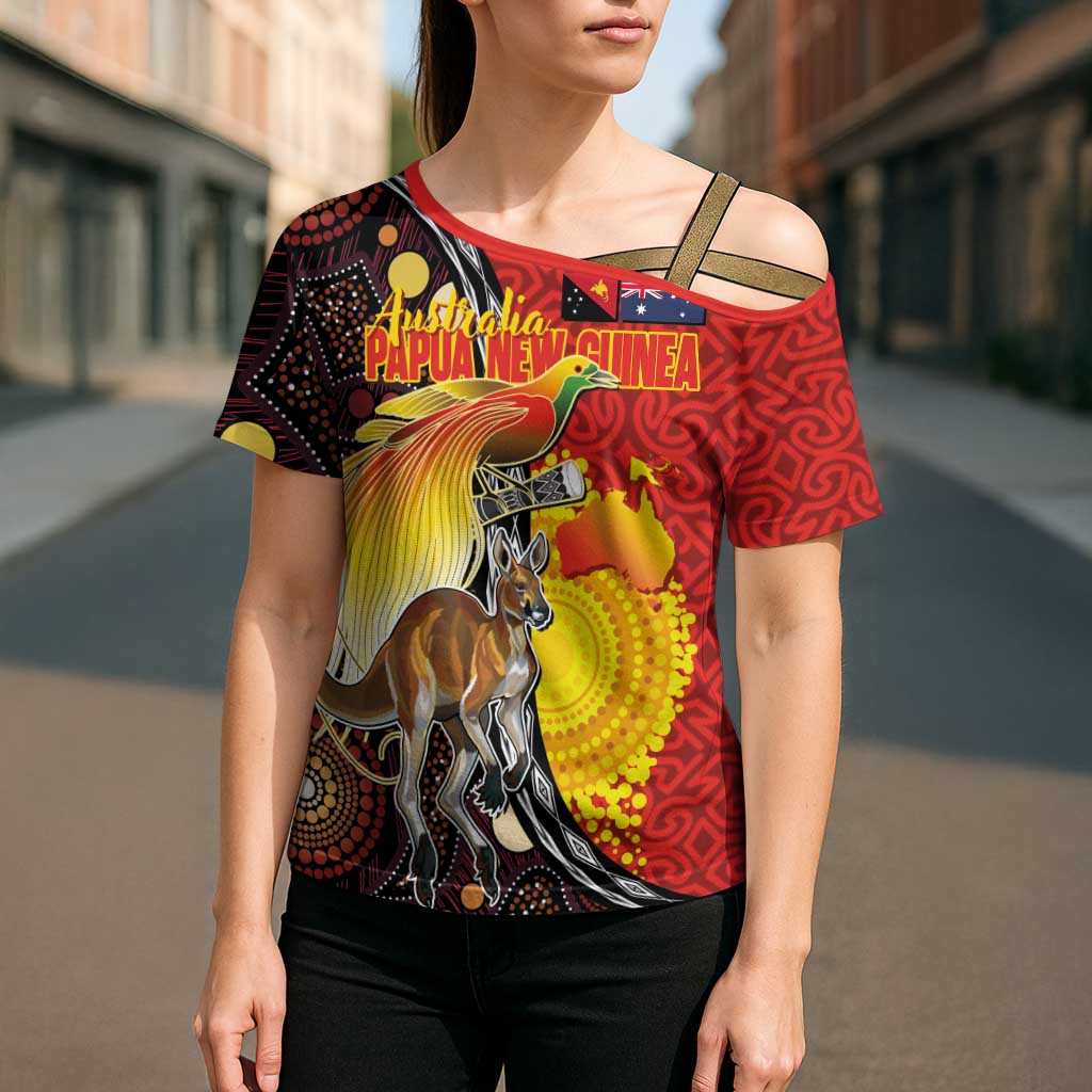 Australia and Papua New Guinea Together Cross Shoulder Shirt Bird-of-paradise and Kangaroo with Oro Tapa and Aboriginal Art Motifs LT03 - Polynesian Pride