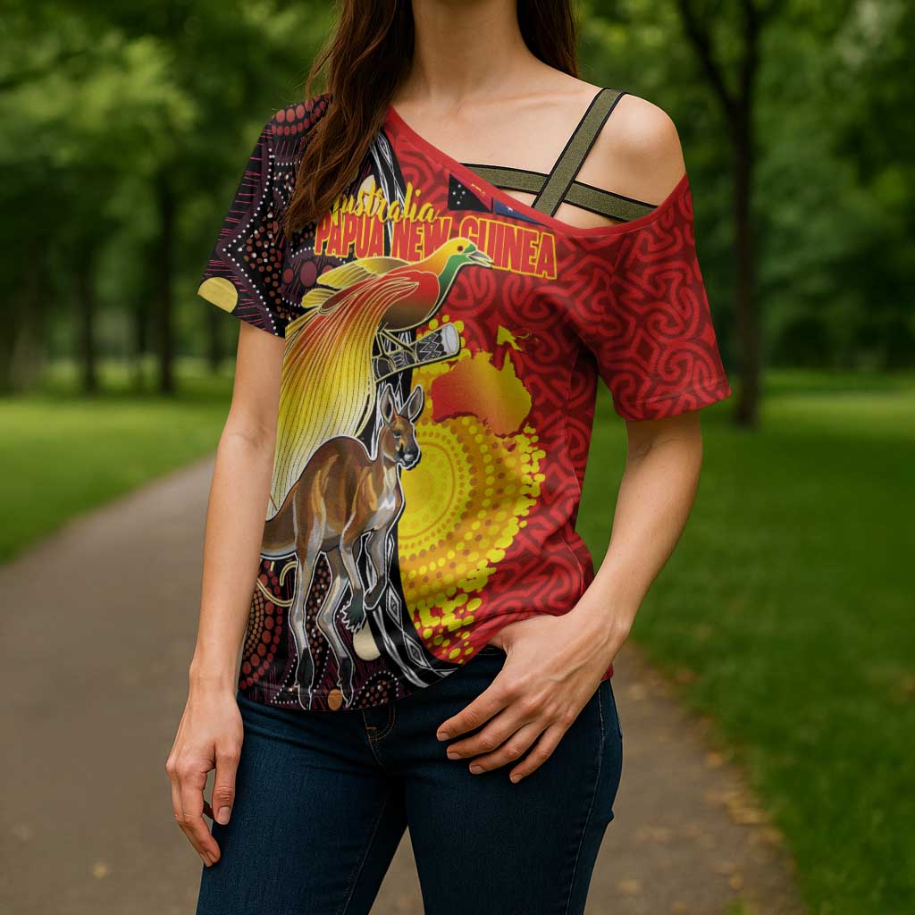 Australia and Papua New Guinea Together Cross Shoulder Shirt Bird-of-paradise and Kangaroo with Oro Tapa and Aboriginal Art Motifs LT03 - Polynesian Pride