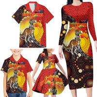 Australia and Papua New Guinea Together Family Matching Long Sleeve Bodycon Dress and Hawaiian Shirt Bird-of-paradise and Kangaroo with Oro Tapa and Aboriginal Art Motifs LT03 - Polynesian Pride