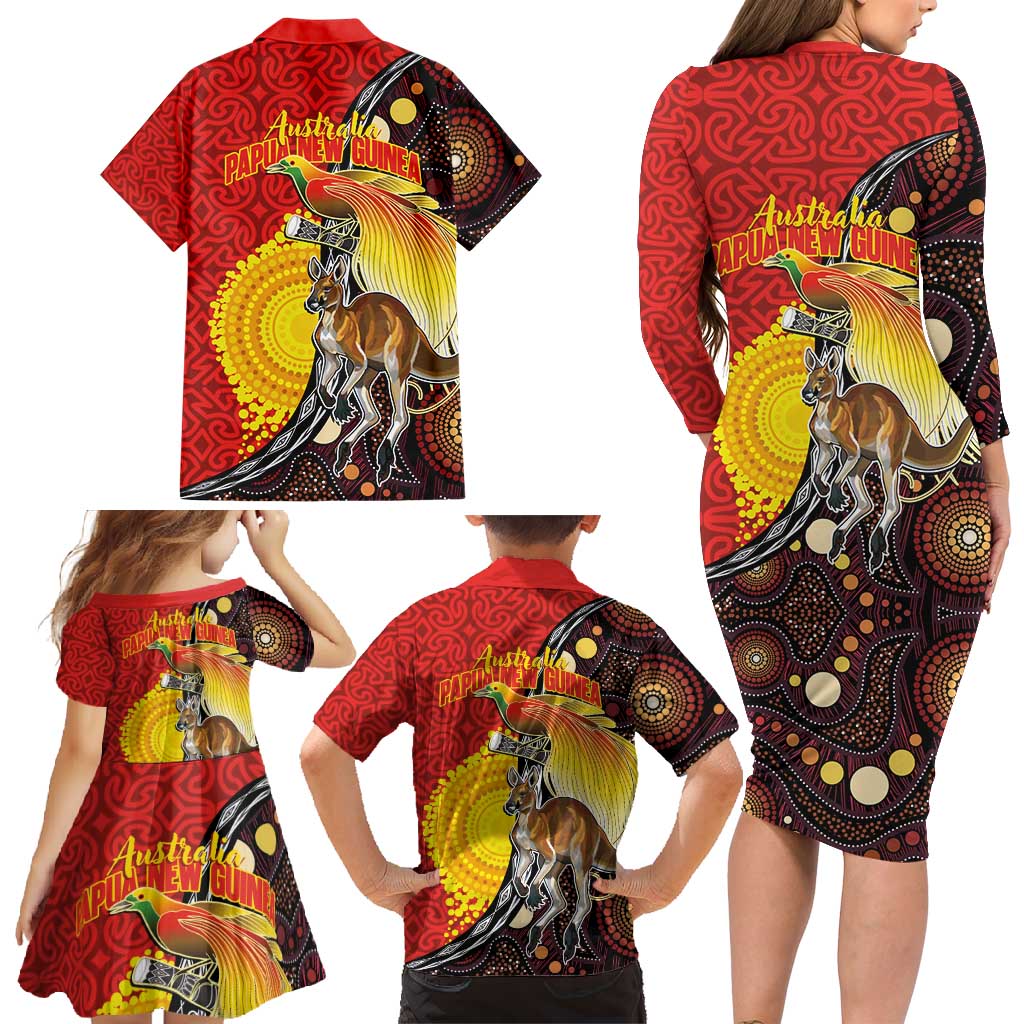 Australia and Papua New Guinea Together Family Matching Long Sleeve Bodycon Dress and Hawaiian Shirt Bird-of-paradise and Kangaroo with Oro Tapa and Aboriginal Art Motifs LT03 - Polynesian Pride