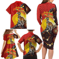 Australia and Papua New Guinea Together Family Matching Long Sleeve Bodycon Dress and Hawaiian Shirt Bird-of-paradise and Kangaroo with Oro Tapa and Aboriginal Art Motifs LT03 - Polynesian Pride