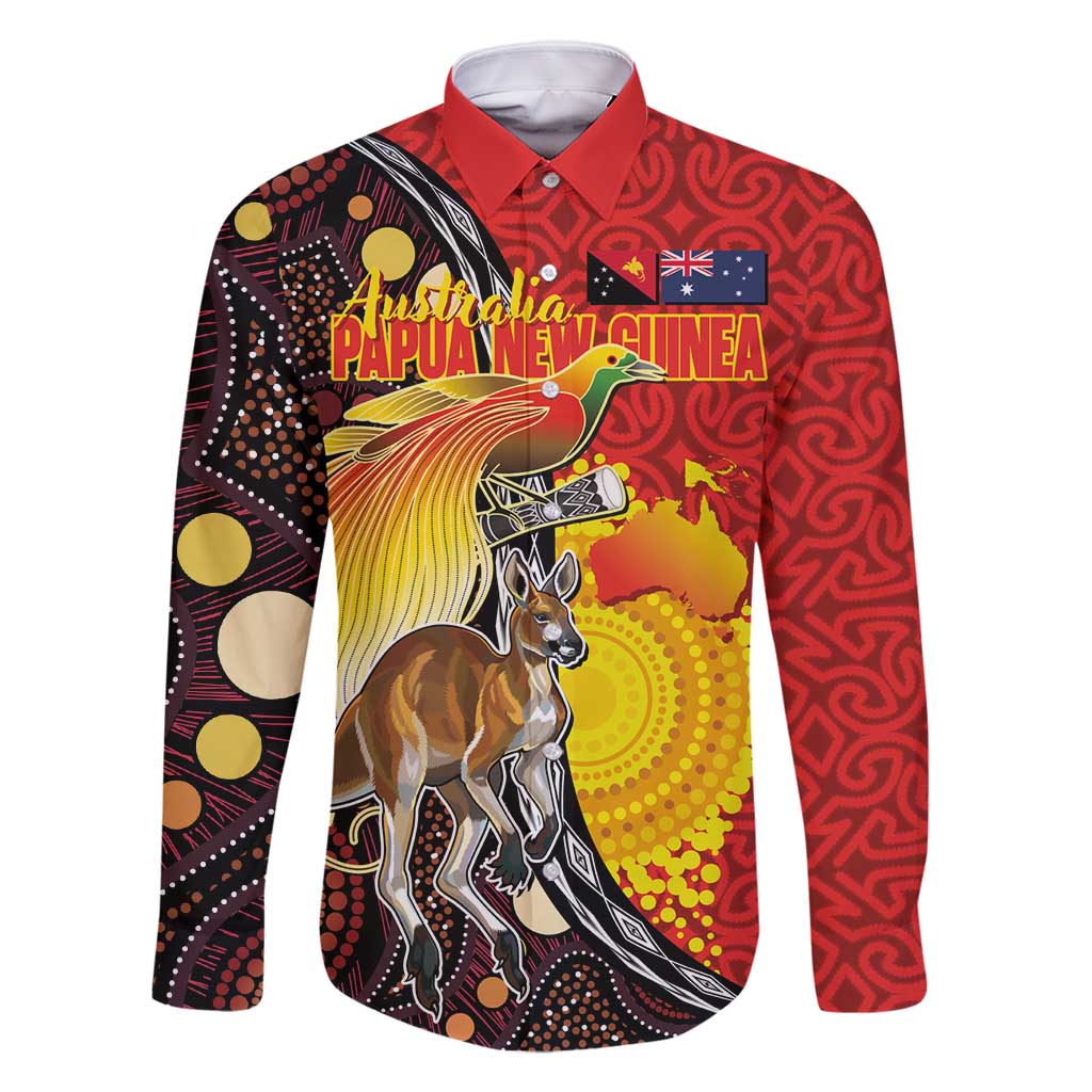 Australia and Papua New Guinea Together Family Matching Long Sleeve Bodycon Dress and Hawaiian Shirt Bird-of-paradise and Kangaroo with Oro Tapa and Aboriginal Art Motifs LT03 Dad's Shirt - Long Sleeve Black - Polynesian Pride