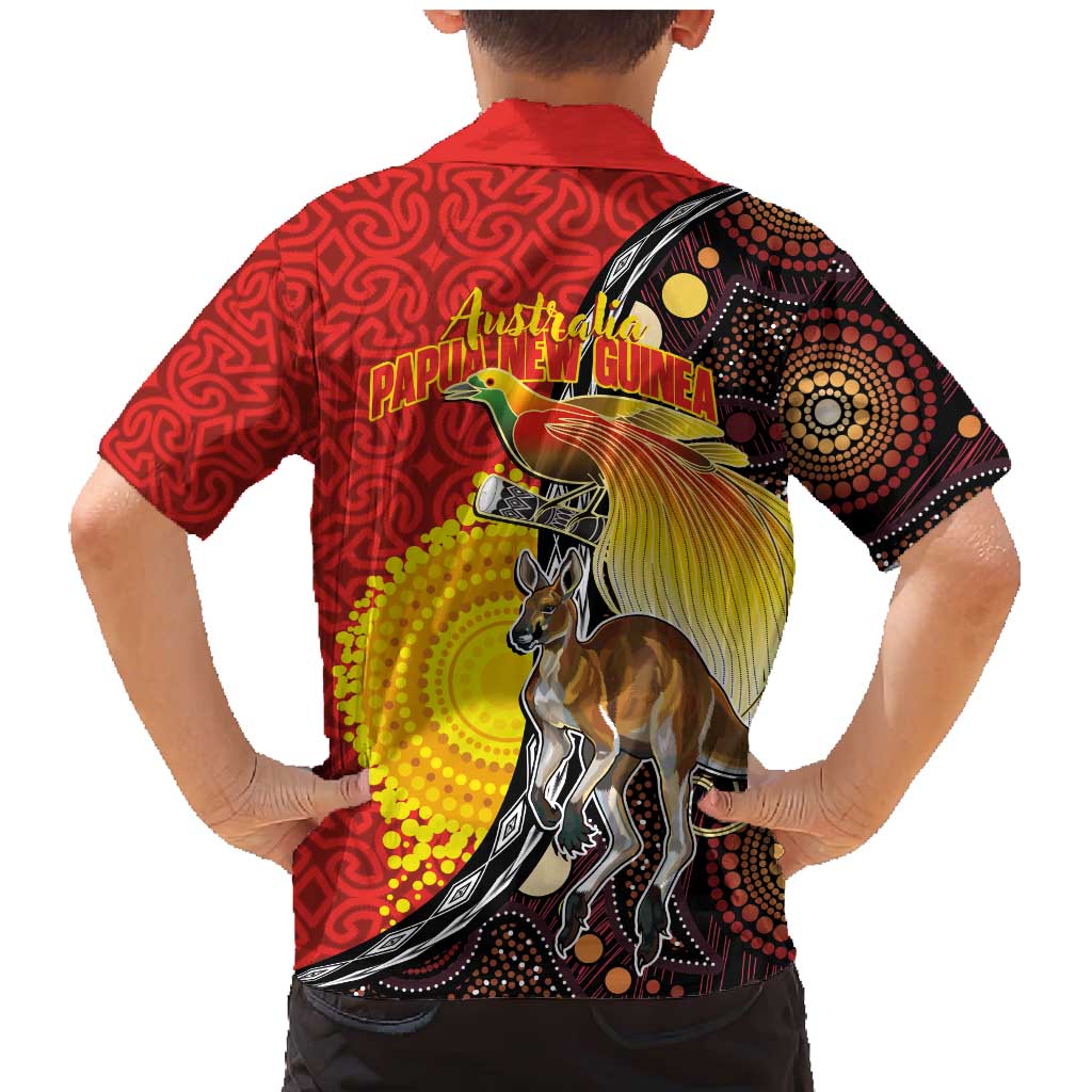 Australia and Papua New Guinea Together Family Matching Mermaid Dress and Hawaiian Shirt Bird-of-paradise and Kangaroo with Oro Tapa and Aboriginal Art Motifs LT03 - Polynesian Pride